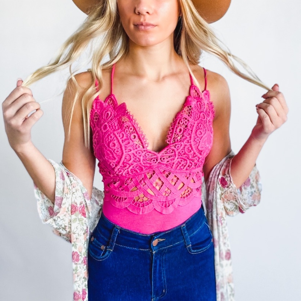 New Hot Pink Scallop Lace Bodysuit